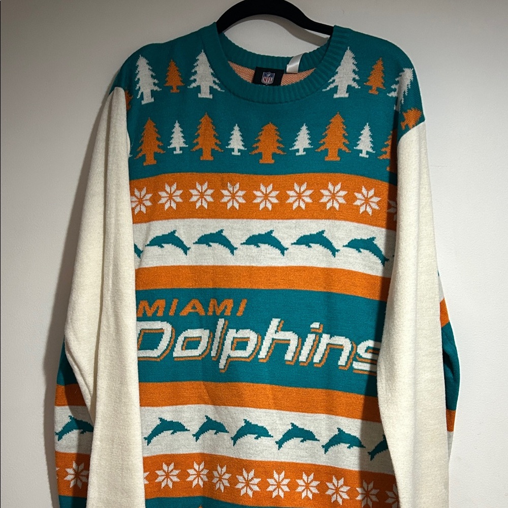 NFL Miami Dolphins EUC  Crewneck Christmas Sweater - Teal, Orange, White